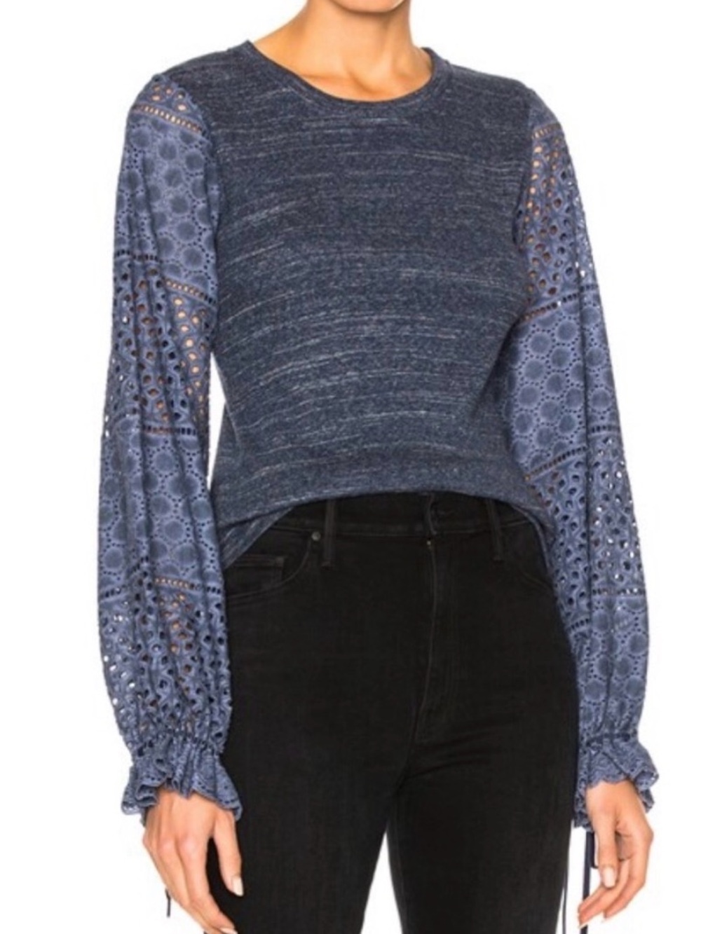 See By Chloe Navy Knit Top with Eyelet Balloon Sleeves